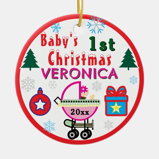 Baby Girl First Christmas Pink Hat NAME Ceramic Ornament (Front)
