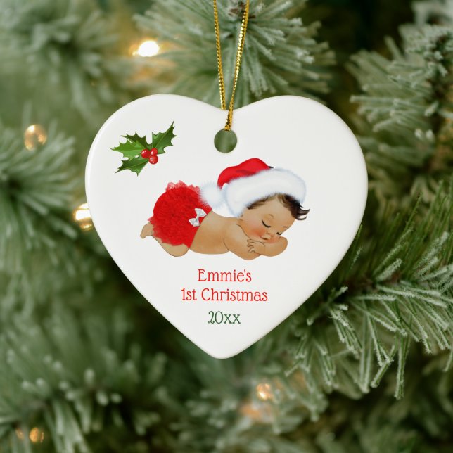 Baby Girl First Christmas Red Santa Hat Ceramic Ornament (Tree)