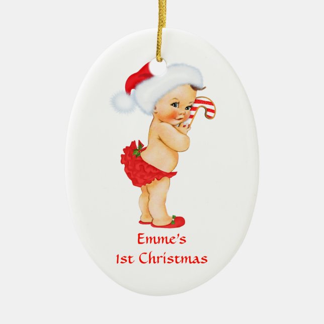 Baby Girl First Christmas Red Santa Hat Ceramic Ornament (Front)