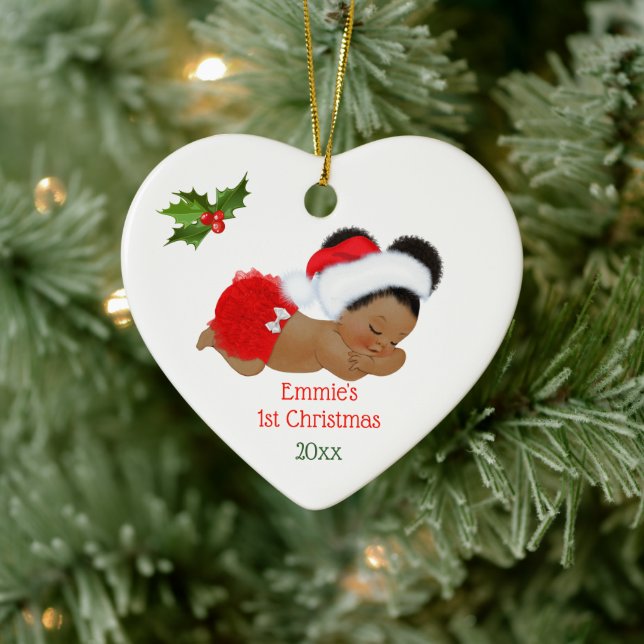 Baby Girl First Christmas Red Santa Hat Puffs Ceramic Ornament (Tree)