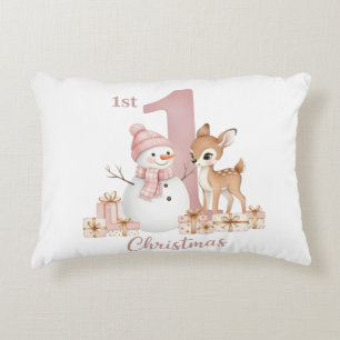 Baby Girl First Christmas Snowman Deer Accent Pillow