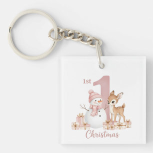 Baby Girl First Christmas Snowman Deer Keychain