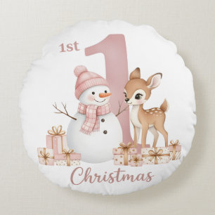 Baby Girl First Christmas Snowman Deer Round Pillow