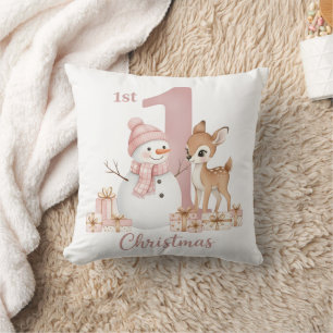 Baby Girl First Christmas Snowman Deer Throw Pillow