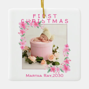 Baby Girl First Christmas Soft Pink floral frame Ceramic Ornament