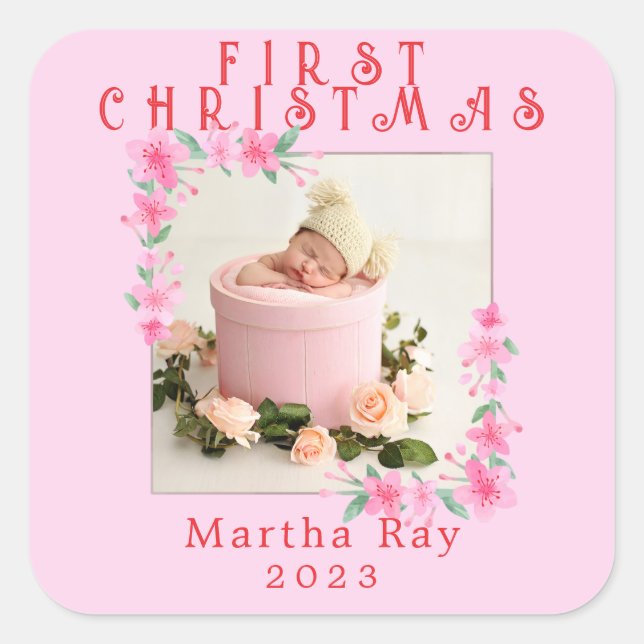 Baby Girl First Christmas Soft Pink floral frame Square Sticker (Front)