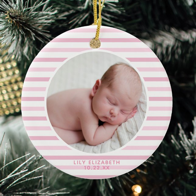 Baby Girl First Christmas Soft Pink Striped Ceramic Ornament (Creator Uploaded)