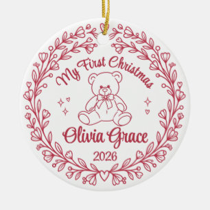 Baby Girl First Christmas Teddy Bear Name & Year Ceramic Ornament