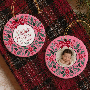 Baby Girl First Christmas Wreath Photo Ceramic Ornament