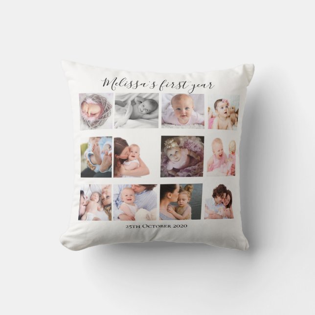 Baby Girl First Year Photo Collage Gift Custom Throw Pillow (Front)