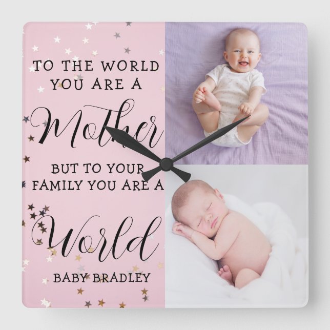 Baby girl First Year Photo Collage Keepsake pink Square Wall Clock (Front)