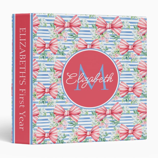 Baby Girl First Year Pink Stripes Bows Flowers Binder (Front/Spine)