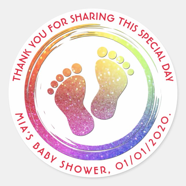 Baby Girl Footprint Glittering  Baby Shower Favour Classic Round Sticker (Front)
