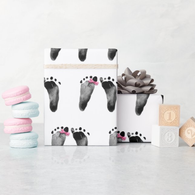 Baby Girl Footprints With Pink Bow Wrapping Paper (Baby Shower)