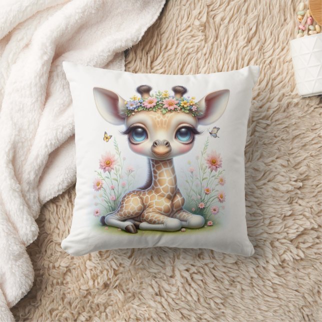 Baby Girl Giraffe With Flowers Throw Pillow (Blanket)