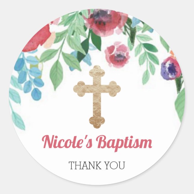 Baby Girl Gold Cross Baptism Favour Flowers Classic Round Sticker (Front)