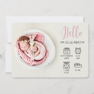 Baby girl hello overlay photo & birth stats icons announcement