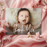 Baby Girl Horizontal Photo Handlettering script Thank You Card<br><div class="desc">Express your gratitude in style with these Personalized Baby Shower baby girl photo Thank You Cards. These cards are not just notes of appreciation; they're a personalized and heartfelt way to thank your family and friends who have showered you with love during this special time. Featuring a modern and unique...</div>