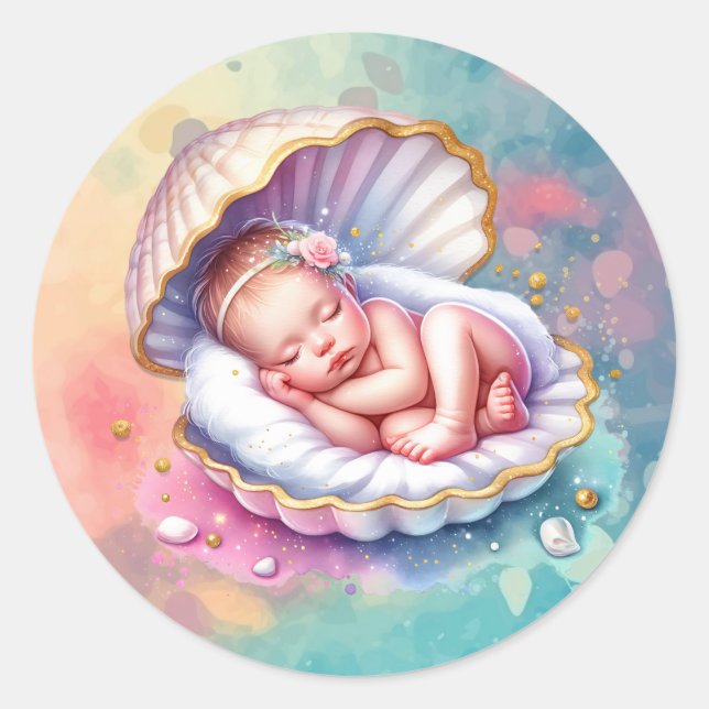 Baby Girl in a Seashell Baby Shower  Classic Round Sticker (Front)