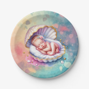 Baby Girl in a Seashell Baby Shower  Paper Plate