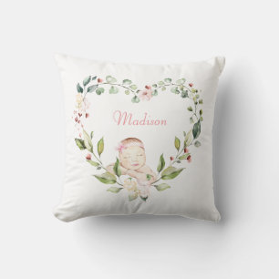 Baby Girl in Floral Heart Watercolor Pretty Throw Pillow