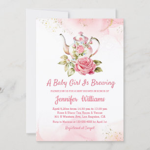 baby girl is brewing pink tea party invitation 