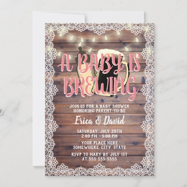 Baby Girl is Brewing Rustic Laced Wood Baby Shower Invitation (Front)