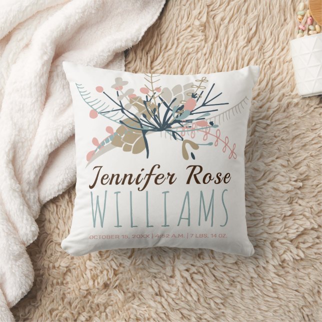 Baby Girl Keepsake Photo Birth Stats Throw Pillow (Blanket)