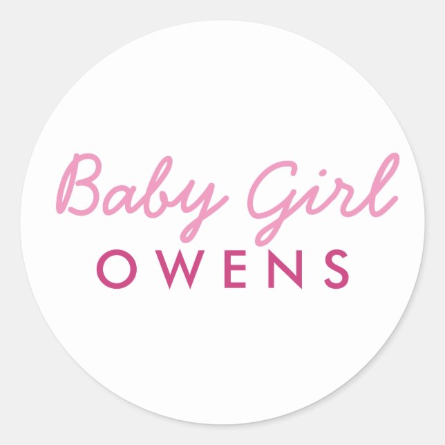 Baby Girl Last Name Baby Shower Sticker-Pink White Classic Round Sticker (Front)
