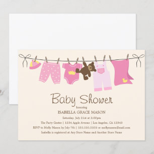 Baby Girl Laundry   Pink/Brown Invitation