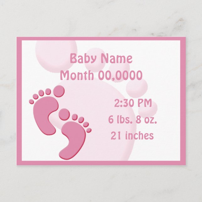 Baby Girl Little Feet Footprint Birth Announcement (Front)