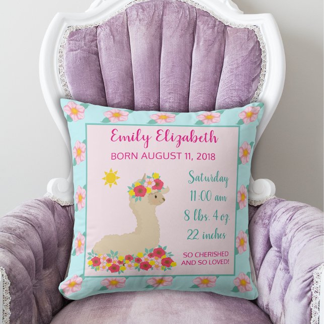 Baby Girl Llama Pink Floral Birth Announcement Throw Pillow (Creator Uploaded)