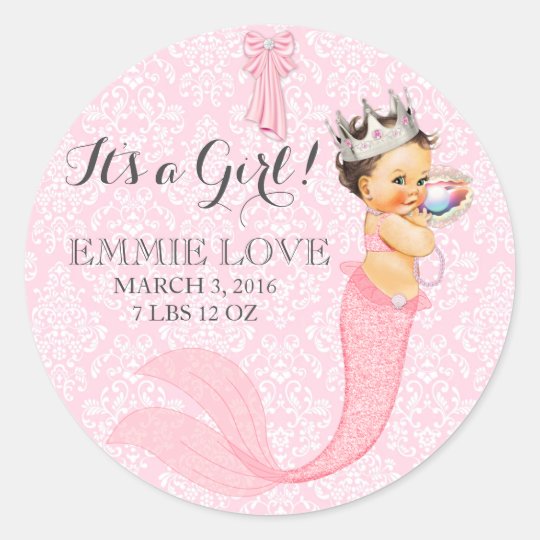 Baby Girl Mermaid Princess Crown Announcement Classic Round Sticker