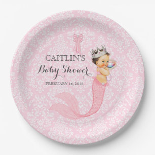 Baby Girl Mermaid Princess Crown Damask Paper Plate