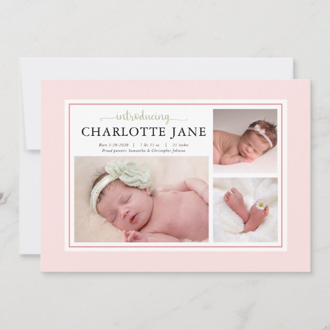 Baby Girl Minimalist 3 Photo Birth Announcement (Front)