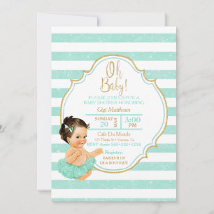 Baby Girl Mint Tutu Stripes Gold Glitter Invitation