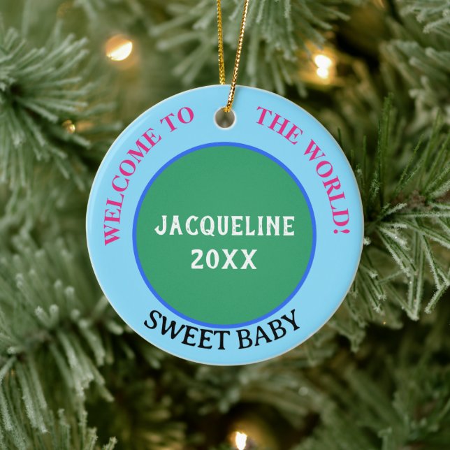 Baby Girl Name Announcement Earth Green Pink Ceramic Ornament (Tree)