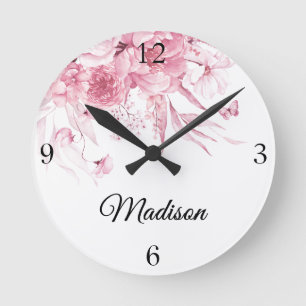 Baby Girl Nursery Dutch Art Pink Watercolor Floral Round Clock