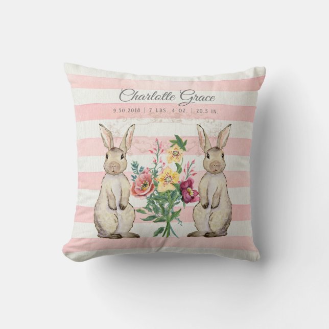 Baby Girl Nursery Floral Rabbits Birth Stats Name Throw Pillow (Front)