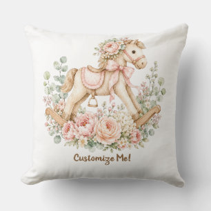 Baby Girl Nursery Floral Rocking Horse Name Throw Pillow
