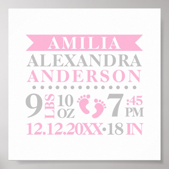 Baby Girl Nursery Room Birth Stats Keepsake Poster (Front)