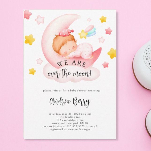 Baby Girl Over the Moon Baby Shower Invitation (Creator Uploaded)