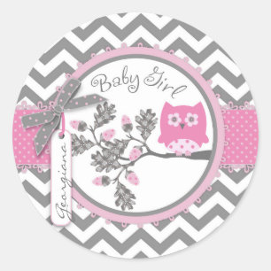 Baby Girl Owl Chevron Print Baby Shower Classic Round Sticker