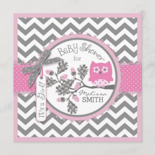 Baby Girl Owl Chevron Print Baby Shower Invitation