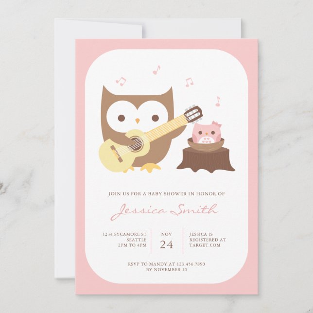 Baby Girl Owl Guitar Baby Shower Invitation (Front)