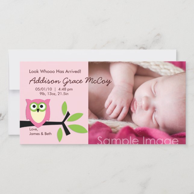 Baby Girl Owl Theme Birth Announcement Photo Card (Front)