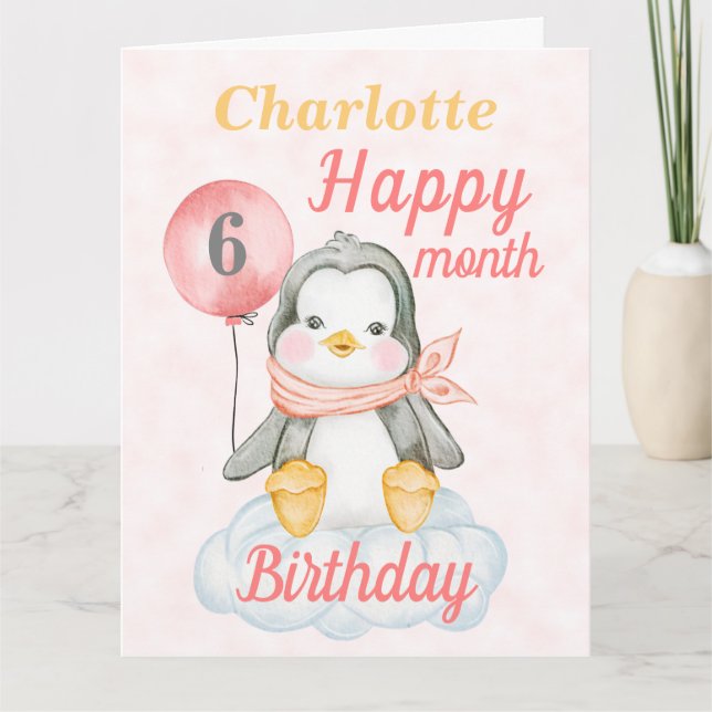 Baby Girl Penguin 6 Month Birthday Big Card (Front)