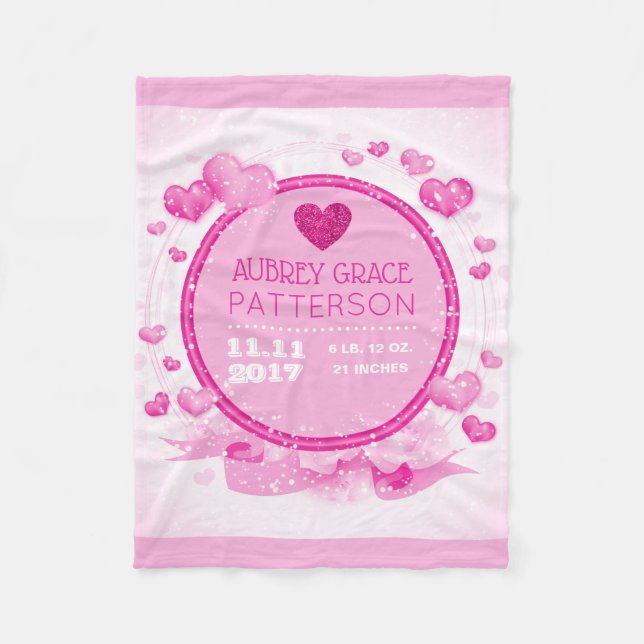 Baby Girl Personalized | Pink Hearts Nursery Fleece Blanket (Front)