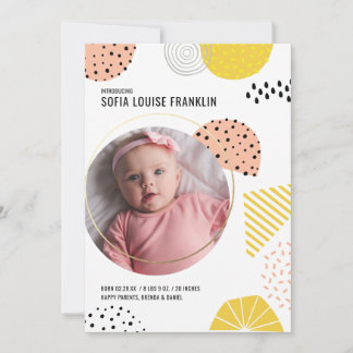 Baby Girl Photo Birth Announcement Geometric