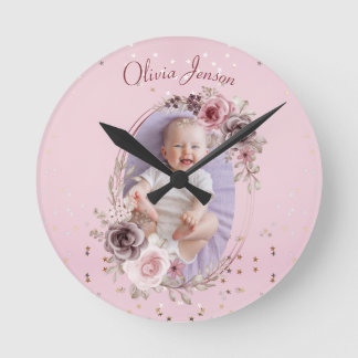 Baby Girl Photo Cute Elegant Modern Pink floral Round Clock